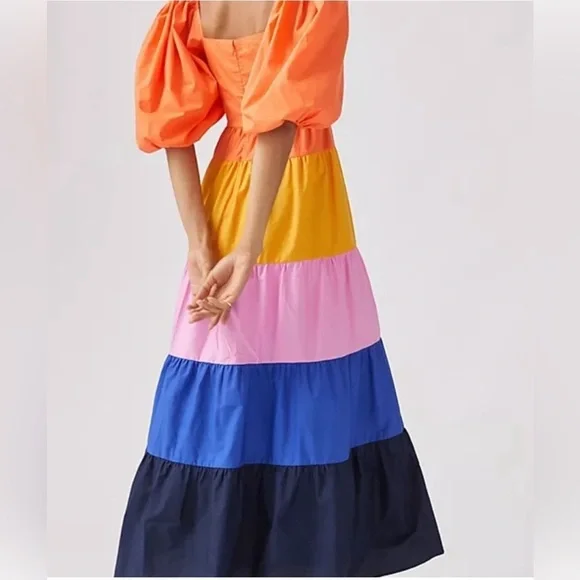 Farm Rio Anthropologie Puff Sleeve Ruffled Tier Color block Maxi Dress - Picture 3 of 15